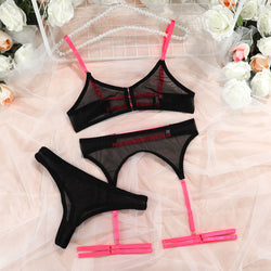 Contrast Color Mesh See-Through Push Up Sexy Lingerie Set