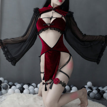 Dark Witch Hollow Silk Sleeve Cheongsam Sexy Lingerie Costume