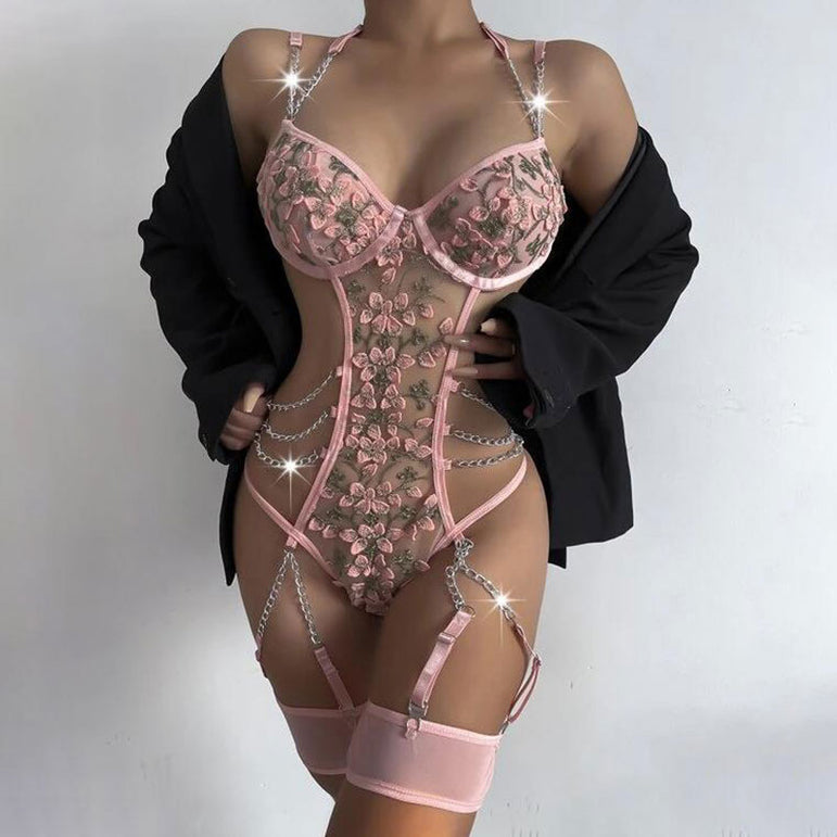 Embroidered Metal Chain Open Waist Cutout Sexy Bodysuit