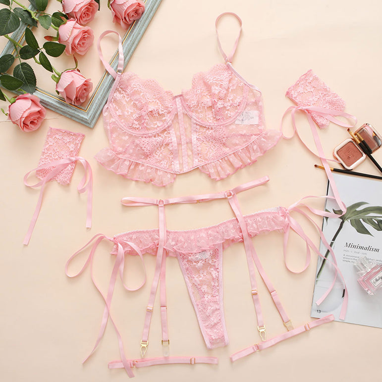 Girly Pink Lace Sexy Lingerie Set