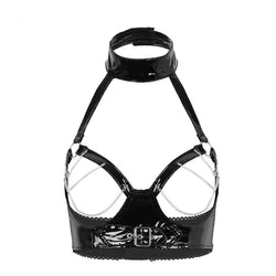 High-gloss PVC patent leather sexy halter neck open chest iron chain sexy bra