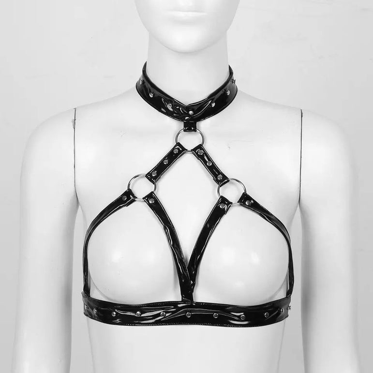 High-gloss PVC patent leather sexy halter neck topless sexy bra