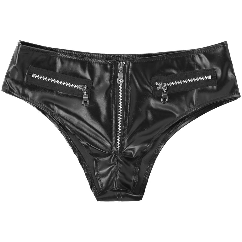 High gloss PVC patent leather sexy zipper open crotch sexy shorts panties