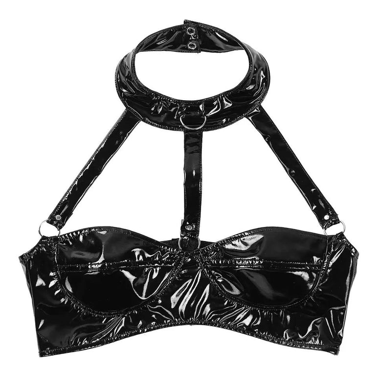 High gloss patent leather sexy bra leather bra adjustable straps
