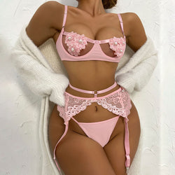 Lace Pearl Sexy Lingerie Three Piece Set