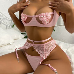 Lace Pearl Sexy Lingerie Three Piece Set