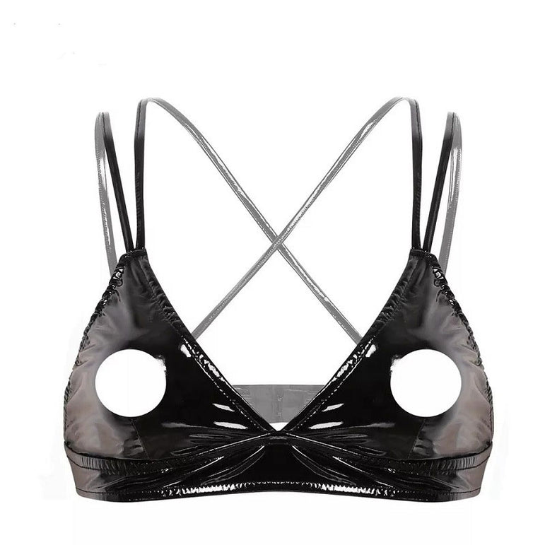 PVC high-gloss patent leather sexy halter bra with adjustable straps