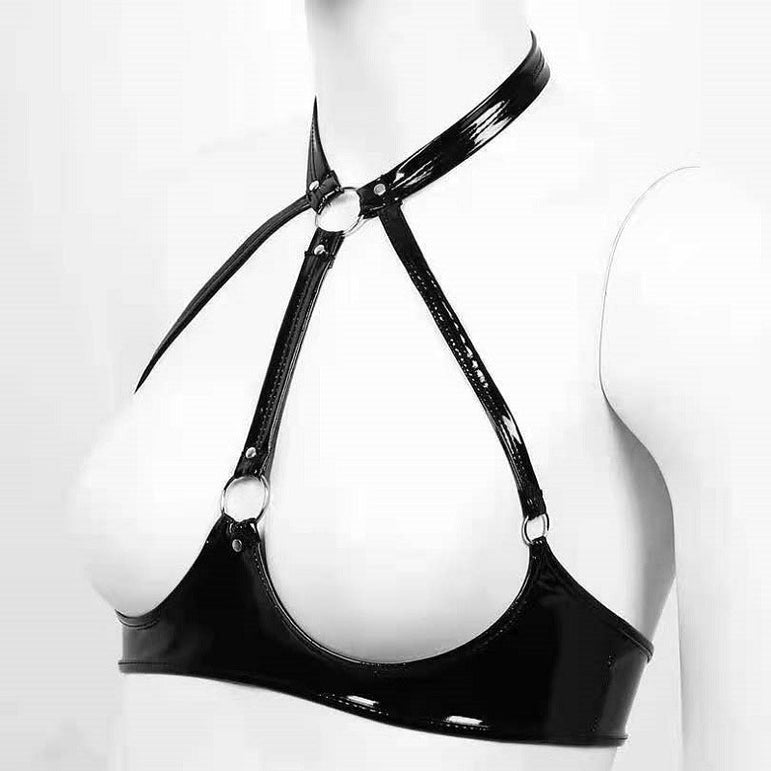 PVC high-gloss patent leather sexy leather bra with adjustable straps