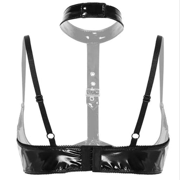 PVC high gloss patent leather sexy low cut leather bra with adjustable straps