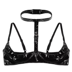 PVC high gloss patent leather sexy low cut leather bra with adjustable straps