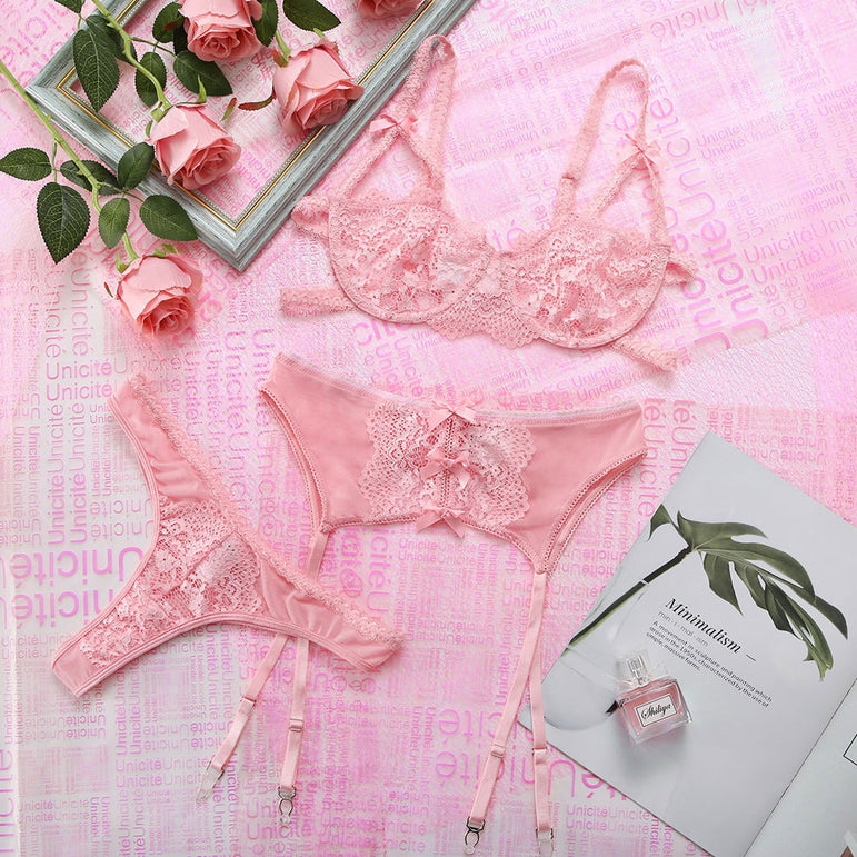 Pure Girl Pink Lace Mesh Perspective Sexy Lingerie Set