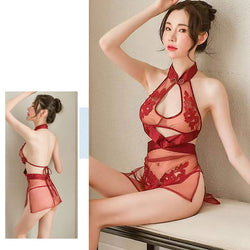 Sexy Costume Lace Slit Mesh Perspective Classical Embroidered Cheongsam
