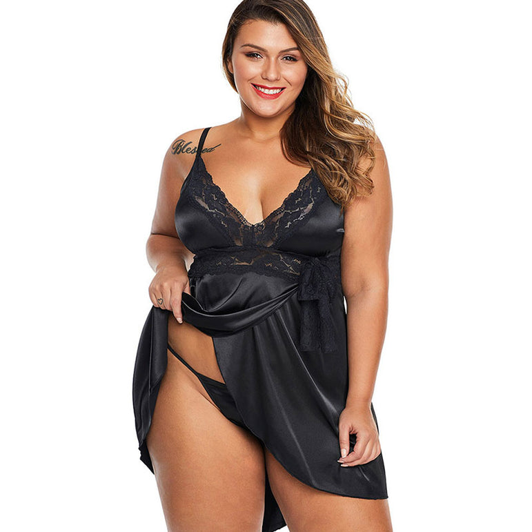 Sexy Lingerie Nightdress Suspender Elastic Satin Fat Girls Pajama Set Plus Size
