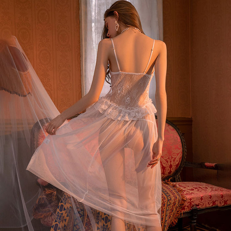 Sexy Perspective of Net Yarn Court Style Long Romantic Nightdress