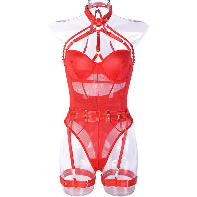 Sexy bodysuit mesh strap stitching halter with leg loops
