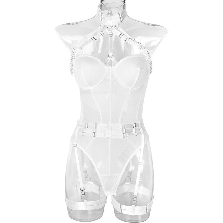 Sexy bodysuit mesh strap stitching halter with leg loops