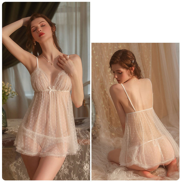 Sexy lingerie mesh perspective solid color suspender nightdress
