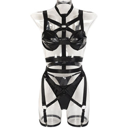Sexy lingerie set PU strap stitching with hanging neck