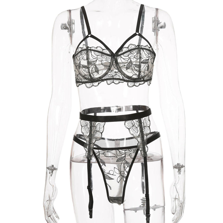 Three-piece sexy lace see-through eyelashes sexy lingerie set
