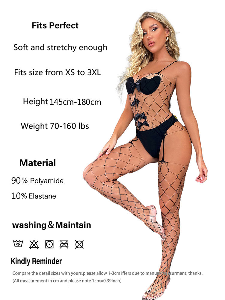 ins sexy fishnet bow bodysuit open crotch sexy lingerie